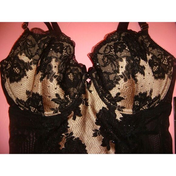 Victoria's Secret 34B GARTER SLIP DRESS Corset+M ROBE black beige Sexy Seduction - Picture 5 of 8